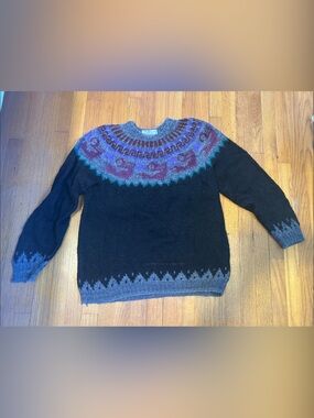 Vintage Black Fair Isle 100% Alpaca Wool Sweater with Multicolor Accents
